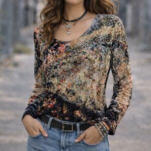 Vintage Y2K 90s Multi-Color Dark Floral Flare Sleeve Velvet Boho Fairy Top large